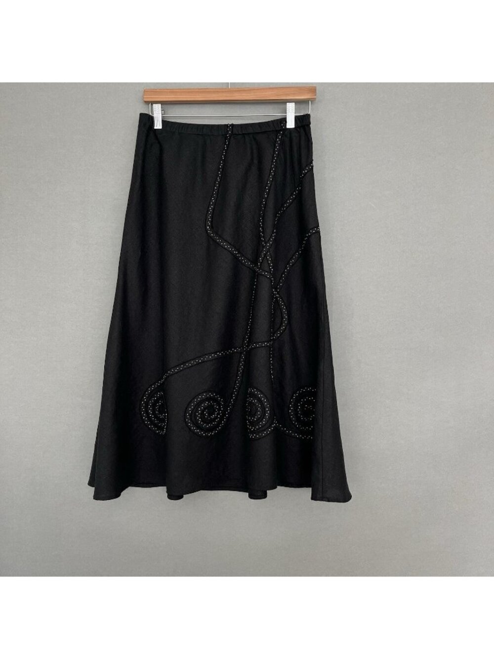 JM Collection Black Linen Embellished Bead Scroll Print A Line Skirt